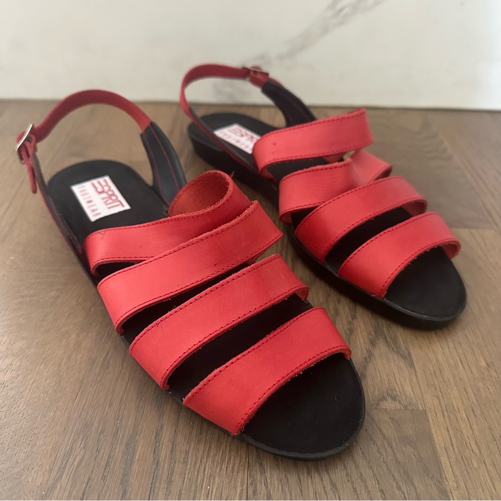 Brand New Esprit Vintage Strappy Leather Slingback Platform Sandal Red Black 10 - Picture 7 of 9
